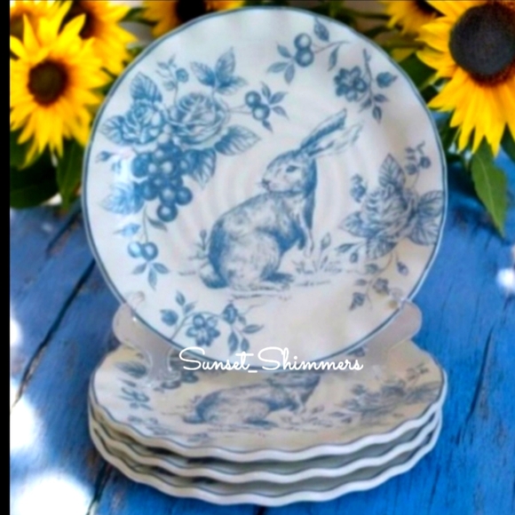 4pc Maxcera Blue Toile Easter Bunny Rabbit Scalloped Cabbage Rose Salad Plates - Picture 1 of 3